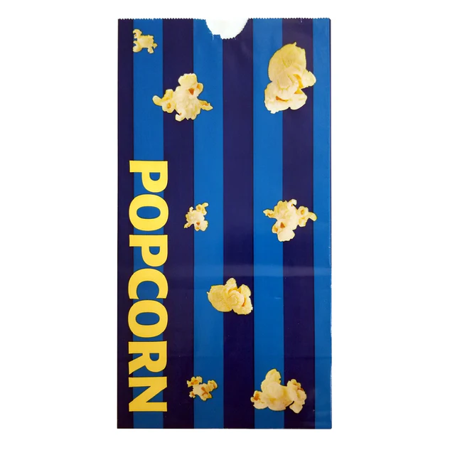 Vertical blue and dark blue striped popcorn bag featuring scattered kernels and the word "POPCORN" written vertically in yellow text.