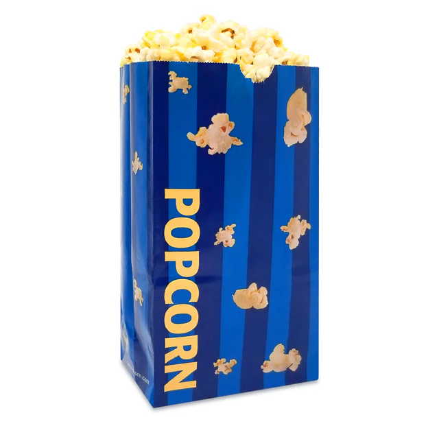 Tall blue and white striped popcorn bag overflowing with popped kernels against a white background.