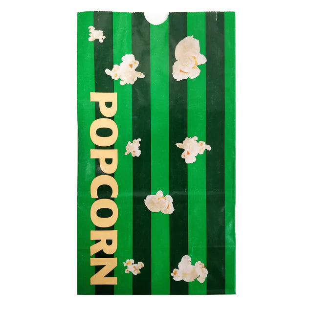 Stack of 4oz striped laminated popcorn bags with colorful designs and white popcorn graphics – leakproof and ideal for theaters or concession stands.