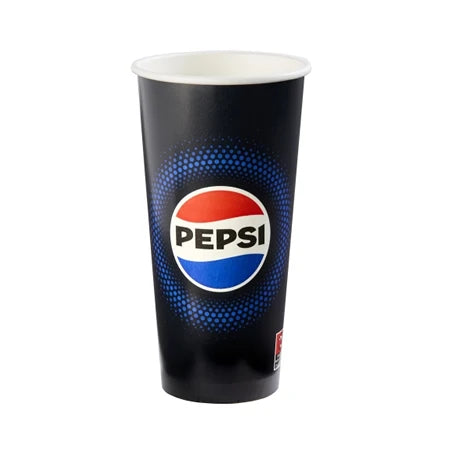 A black Pepsi paper cup with a white rim and red, white, and blue logo sits against a plain white background, evoking a clean product photo.