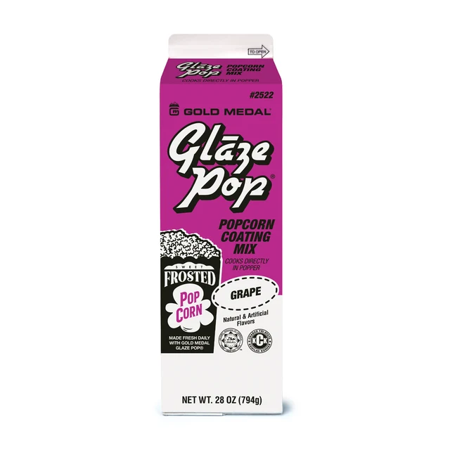 A pink and white Gold Medal Glaze Pop box of grape popcorn coating mix, labeled “Frosted Pop Corn.” The package stands against a plain white background, with a bright, playful tone.