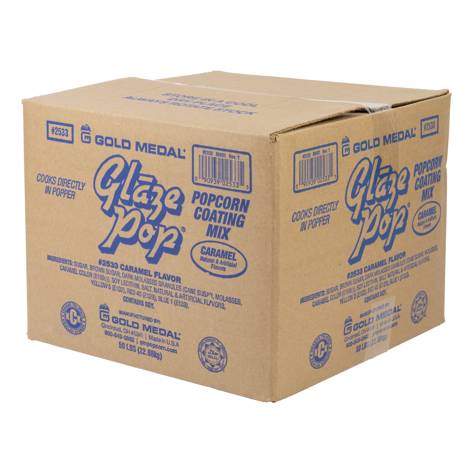 A cardboard box of Gold Medal Glaze Pop popcorn coating mix, labeled with caramel flavor.