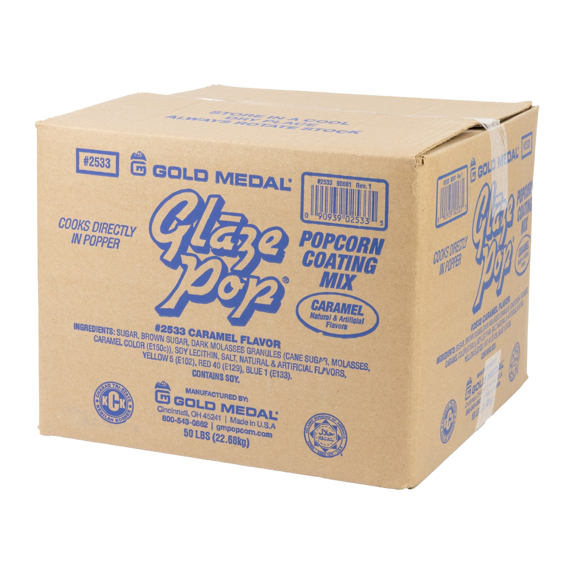 Box of Gold Medal Glaze Pop popcorn coating mix, caramel flavor, weighing 50 lbs.