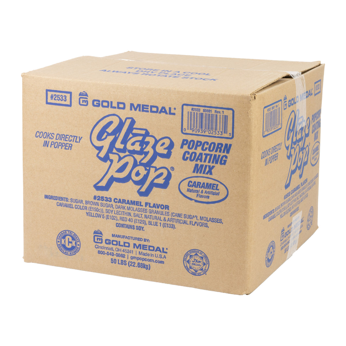 Box of Gold Medal Glaze Pop popcorn coating mix, caramel flavor, weighing 50 lbs.