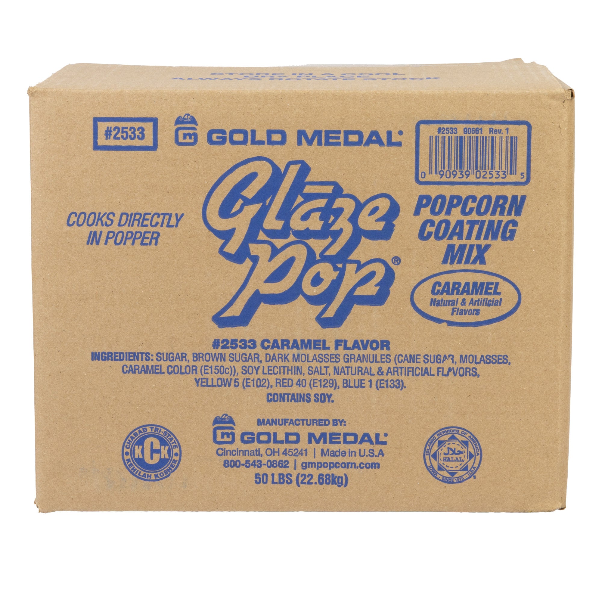 Cardboard box labeled "Glaze Pop Popcorn Coating Mix" with caramel flavor, containing details about the ingredients and manufacturer Gold Medal.