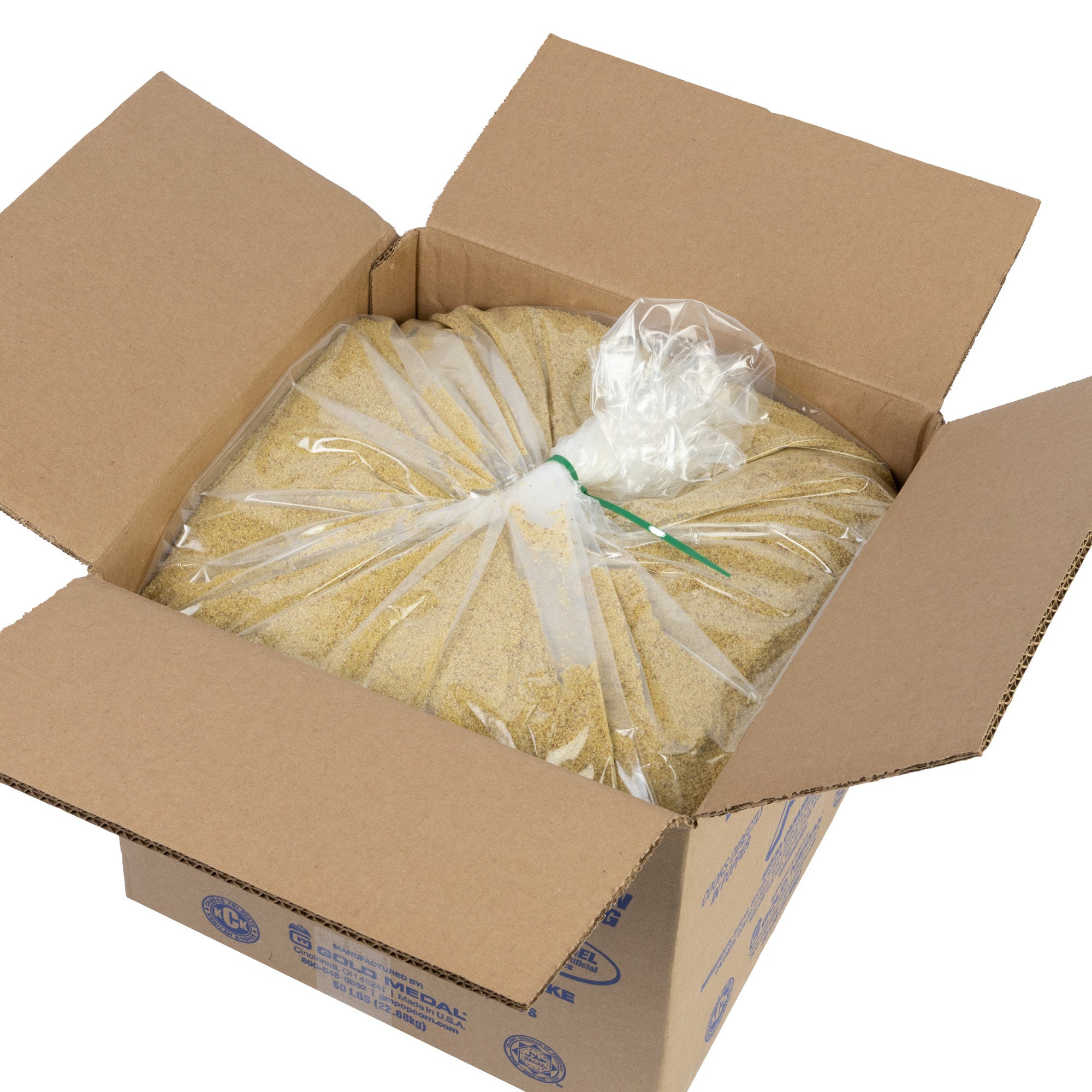A cardboard box partially open, containing a bag of granular material, sealed with a plastic tie.