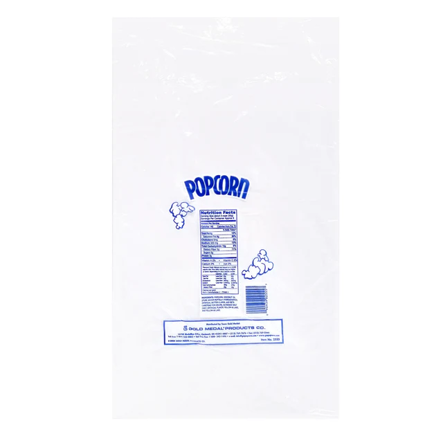 Clear plastic popcorn bag featuring blue graphics. "Popcorn" is printed at the top with nutrition facts below and small popcorn illustrations.