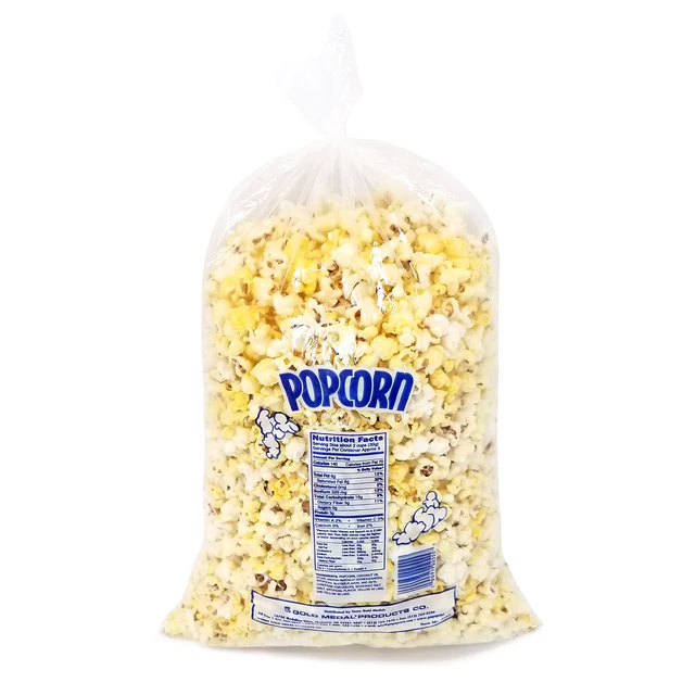 A large, clear plastic bag filled with yellow and white popcorn. The front features the word "Popcorn" in blue and a nutrition facts label.