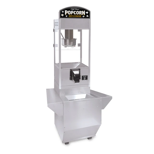 Silver stainless steel popcorn machine with "Popcorn Hot & Fresh" sign. Features a viewing window and storage base, conveying a retro, functional vibe.