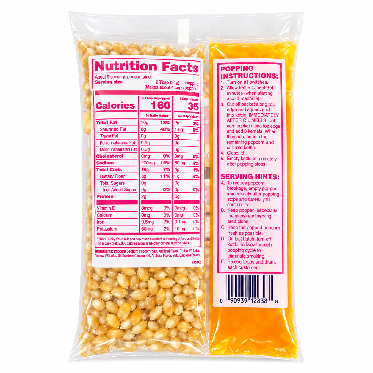 Sealed microwave popcorn bag on a white background, showing yellow kernels, a pink Nutrition Facts panel, popping instructions, and serving hints.