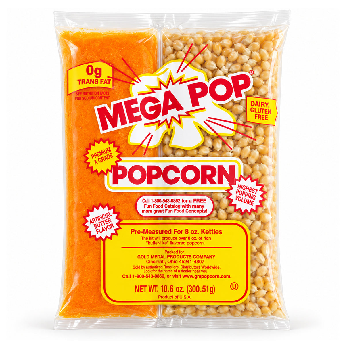 Clear bag of Mega-Pop popcorn kernels with bright orange seasoning, bold red-and-yellow labels, and claims including “0g trans fat”; packaged for a lively snack.
