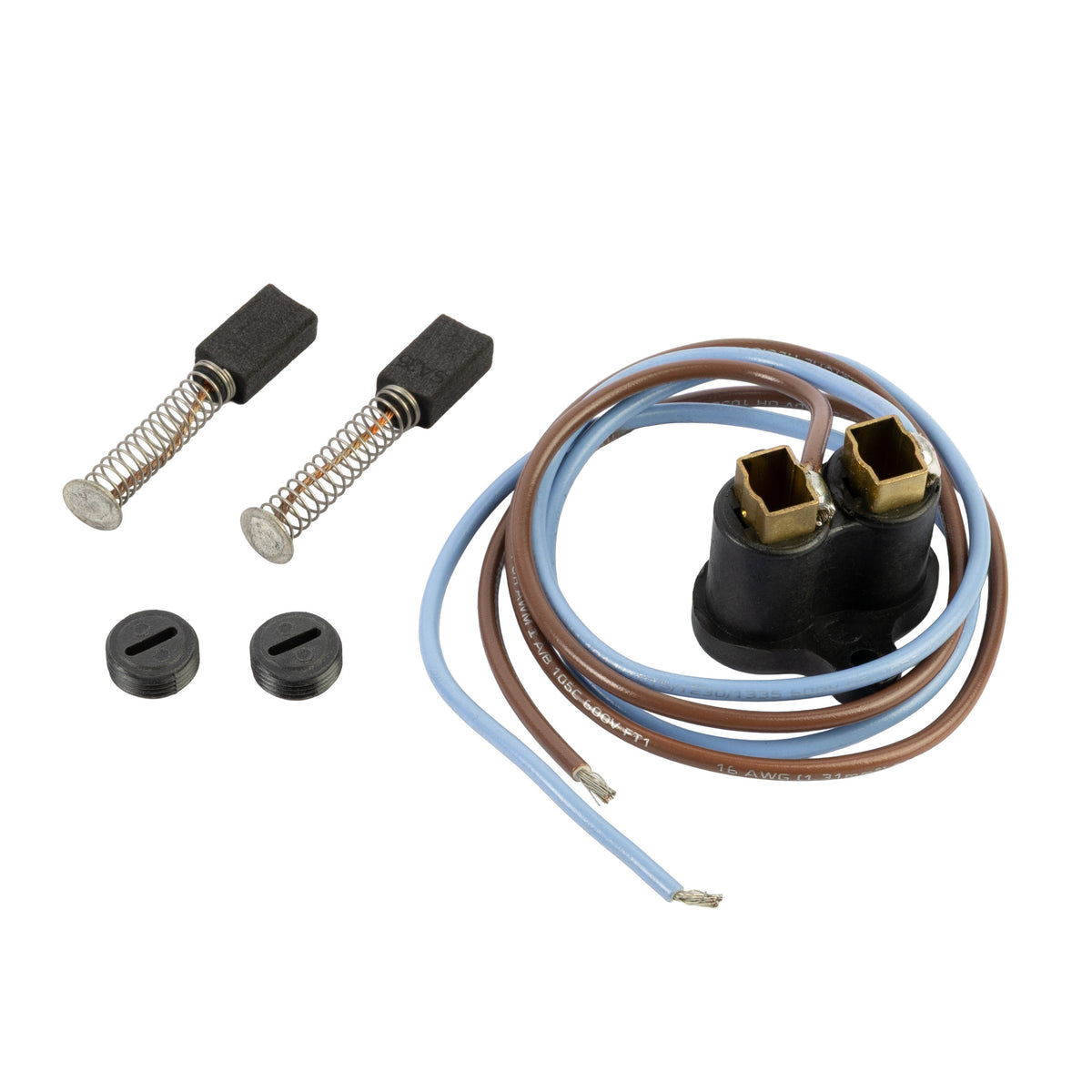 Coil cord with brown and blue wires next to two carbon motor brushes with springs and two round black caps, arranged on a white surface.