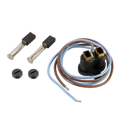 Coil cord with brown and blue wires next to two carbon motor brushes with springs and two round black caps, arranged on a white surface.