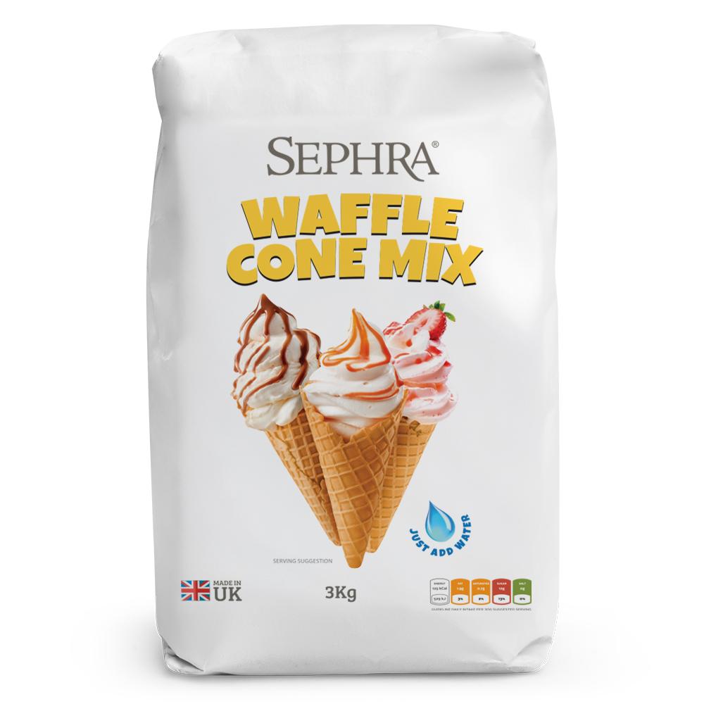 Package of Sephra Waffle Cone Mix, 3kg, with images of ice cream cones on the front.