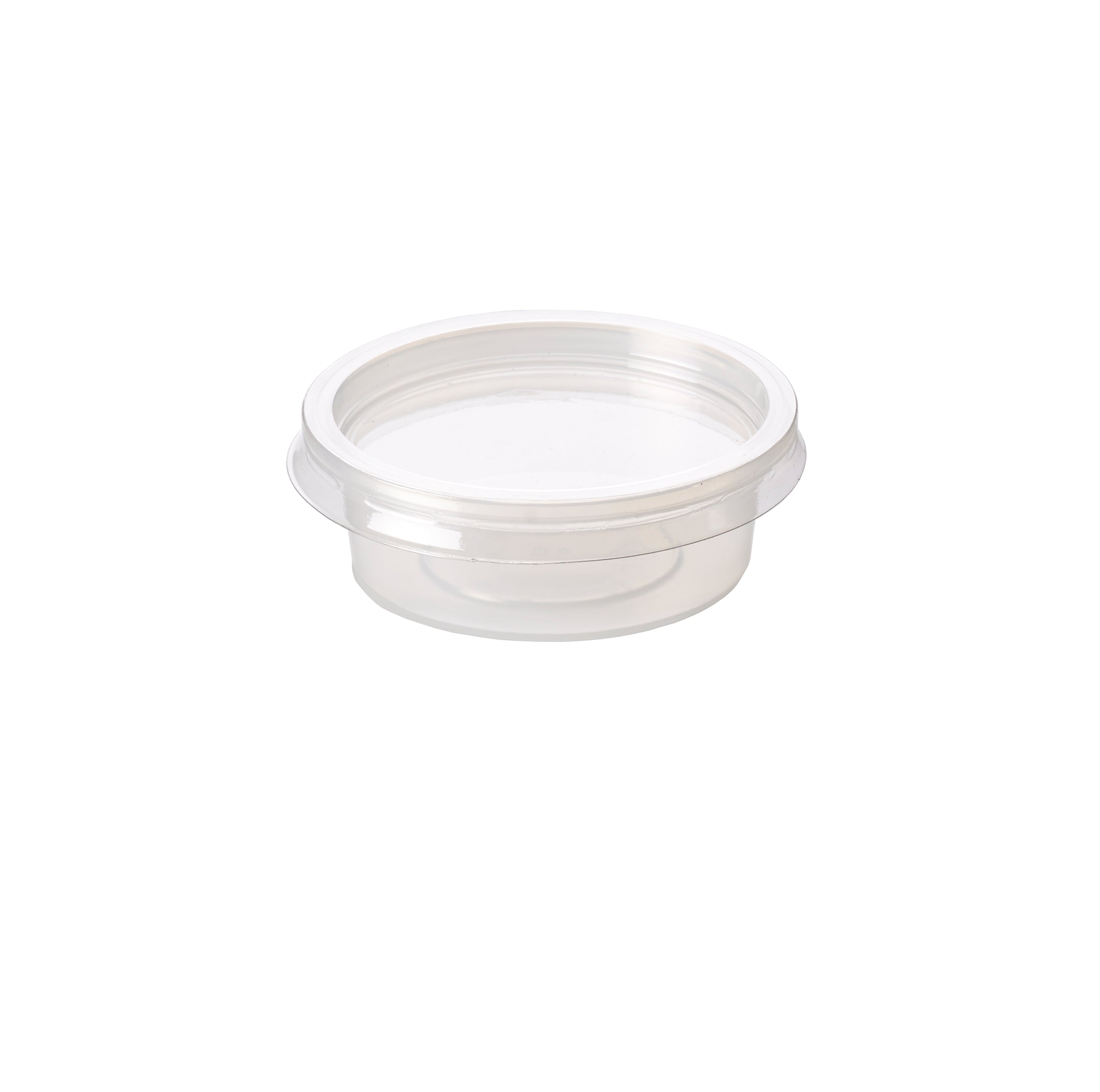 A clear plastic container with a lid, round in shape.