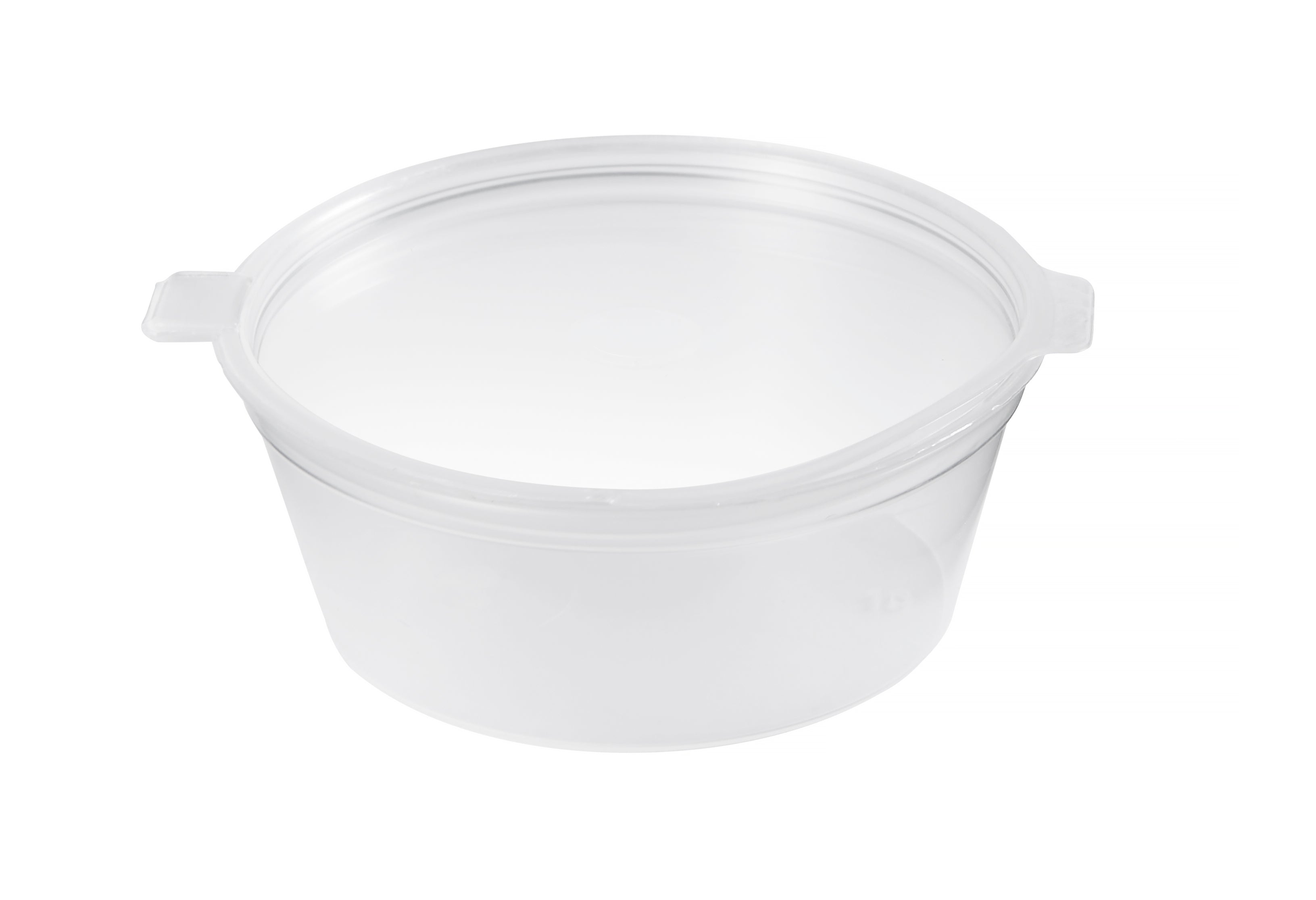 A clear plastic food container with a lid.