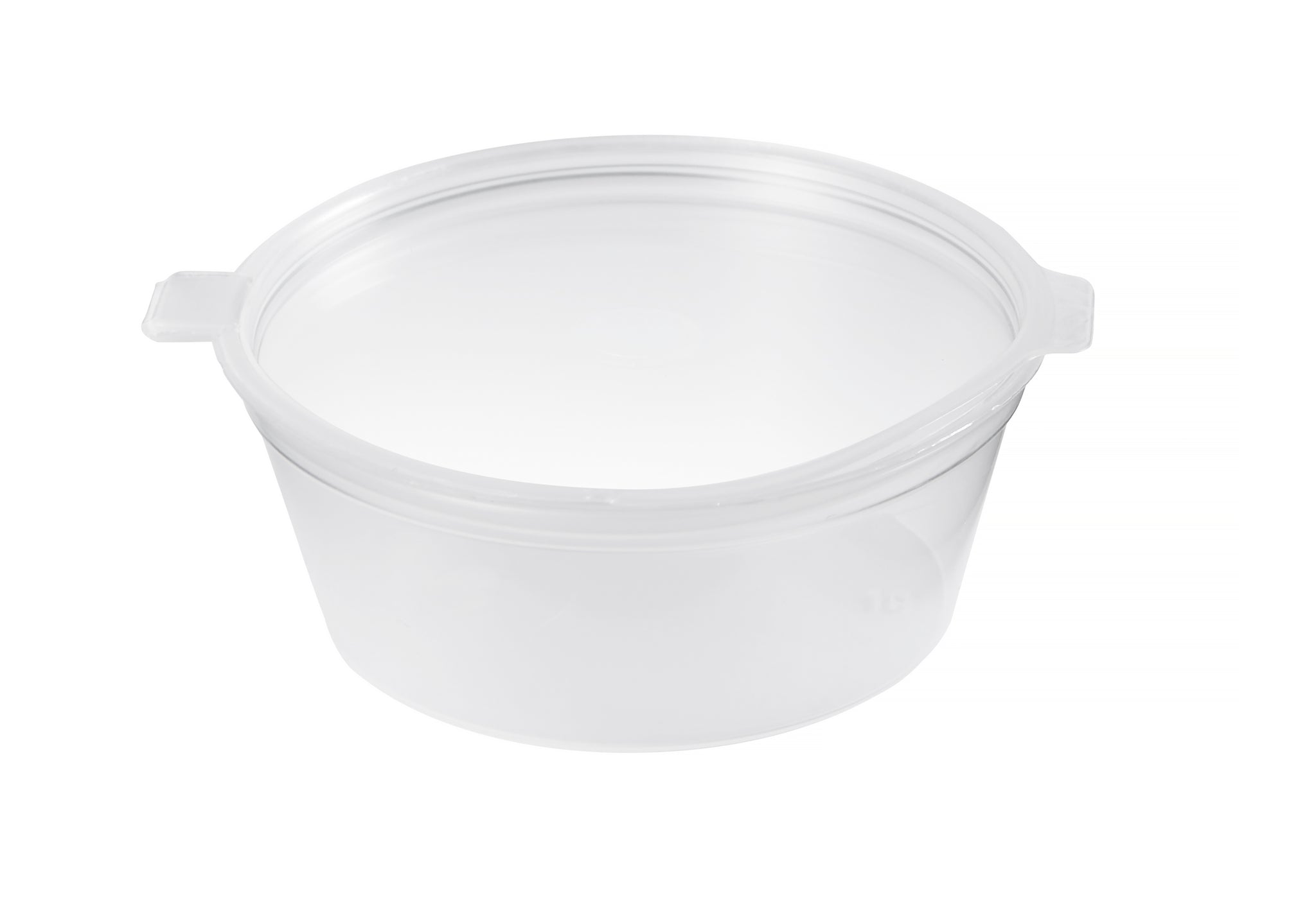 A clear plastic food container with a lid.