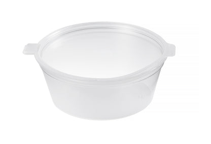 A clear plastic food container with a lid.