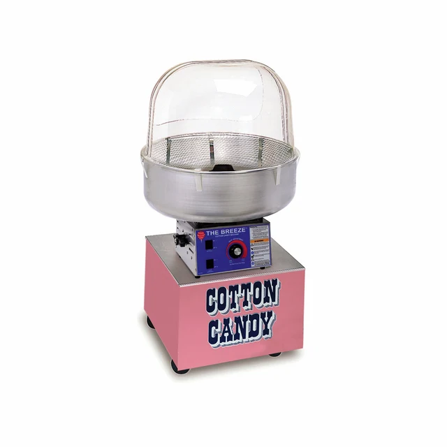 A pink commercial cotton candy machine with a stainless-steel bowl and clear safety dome, photographed against white; its bright design feels playful and festive.