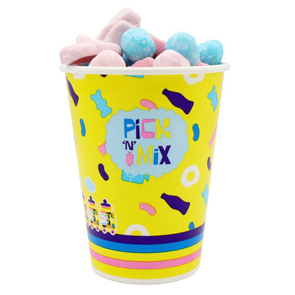 A yellow disposable paper cup with 'Pick and Mix' text and colorful candy graphics, filled with various candies.