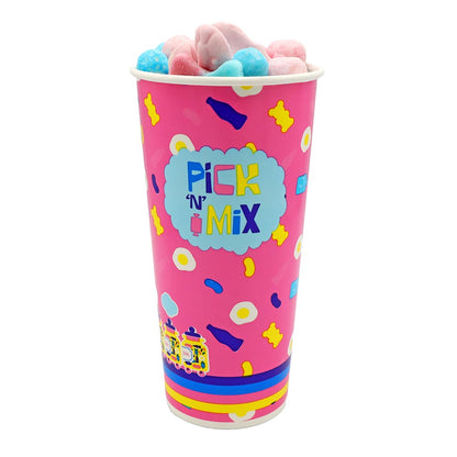 A 22oz pink paper cup with a 'Pick n' Mix' print, designed for use in pick and mix sweet stands.