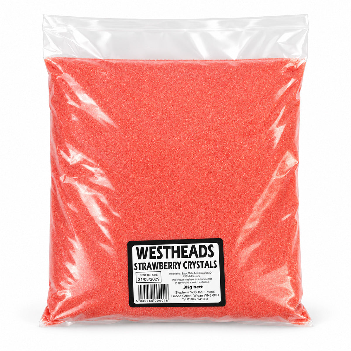 Clear plastic bag filled with vivid red strawberry crystals, labeled “WESTHEADS Strawberry Crystals,” on a white background; bright, clean product-shot feel.