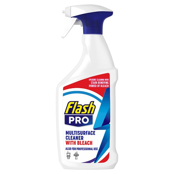 A white Flash Pro multisurface cleaner spray bottle with a blue trigger and red-and-blue label, promoting bleach power in a crisp product image.