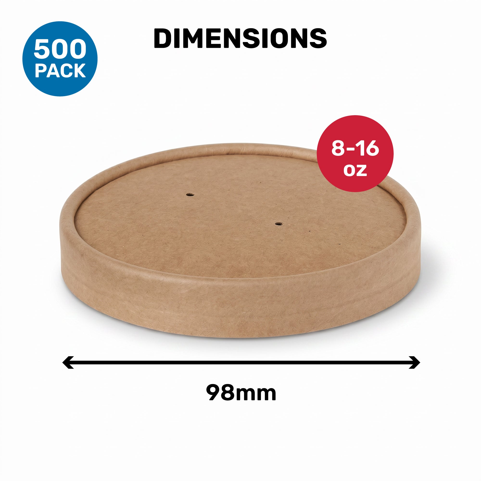 Cardboard container lid, 98mm diameter, suitable for 8-16 oz containers, displayed with pack size of 500.