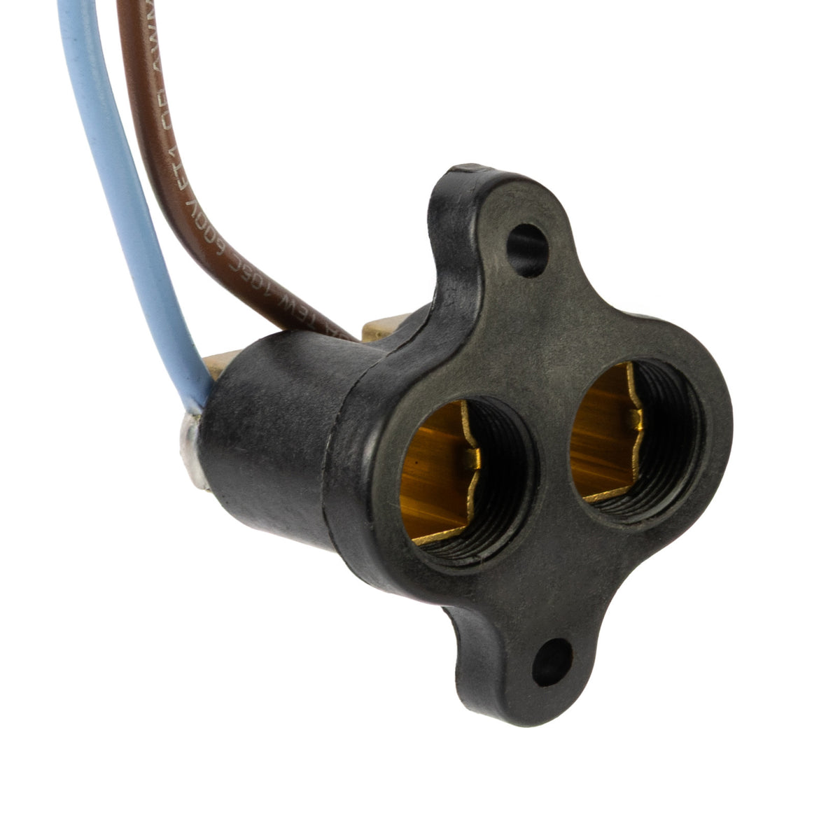 Close-up of a black plastic automotive sensor connector with two openings and attached brown and blue wires, set against a white background.