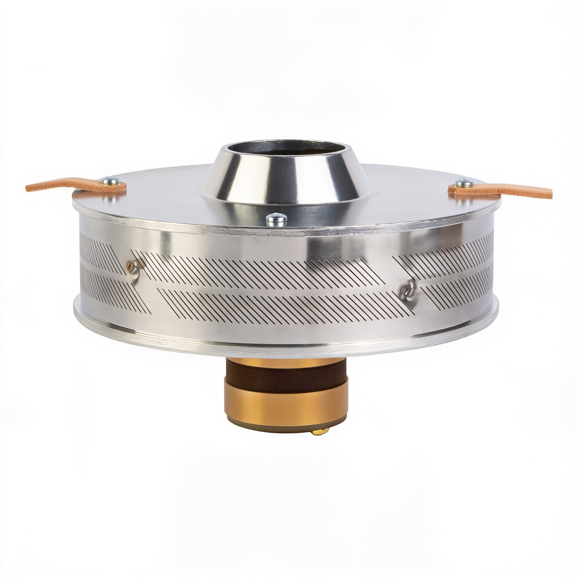 Metallic circular heat sink with attached wires and a central opening.