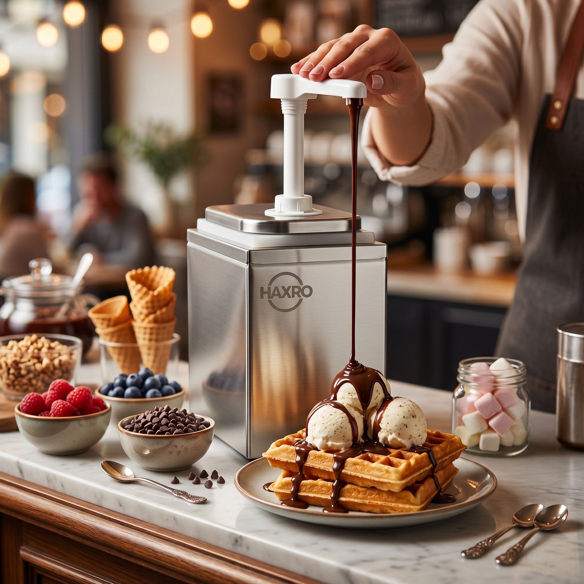 A person using a chocolate sauce dispenser over a plate of waffles topped with ice cream, surrounded by various toppings like berries, chocolate chips, and marshmallows on a table in a café setting.