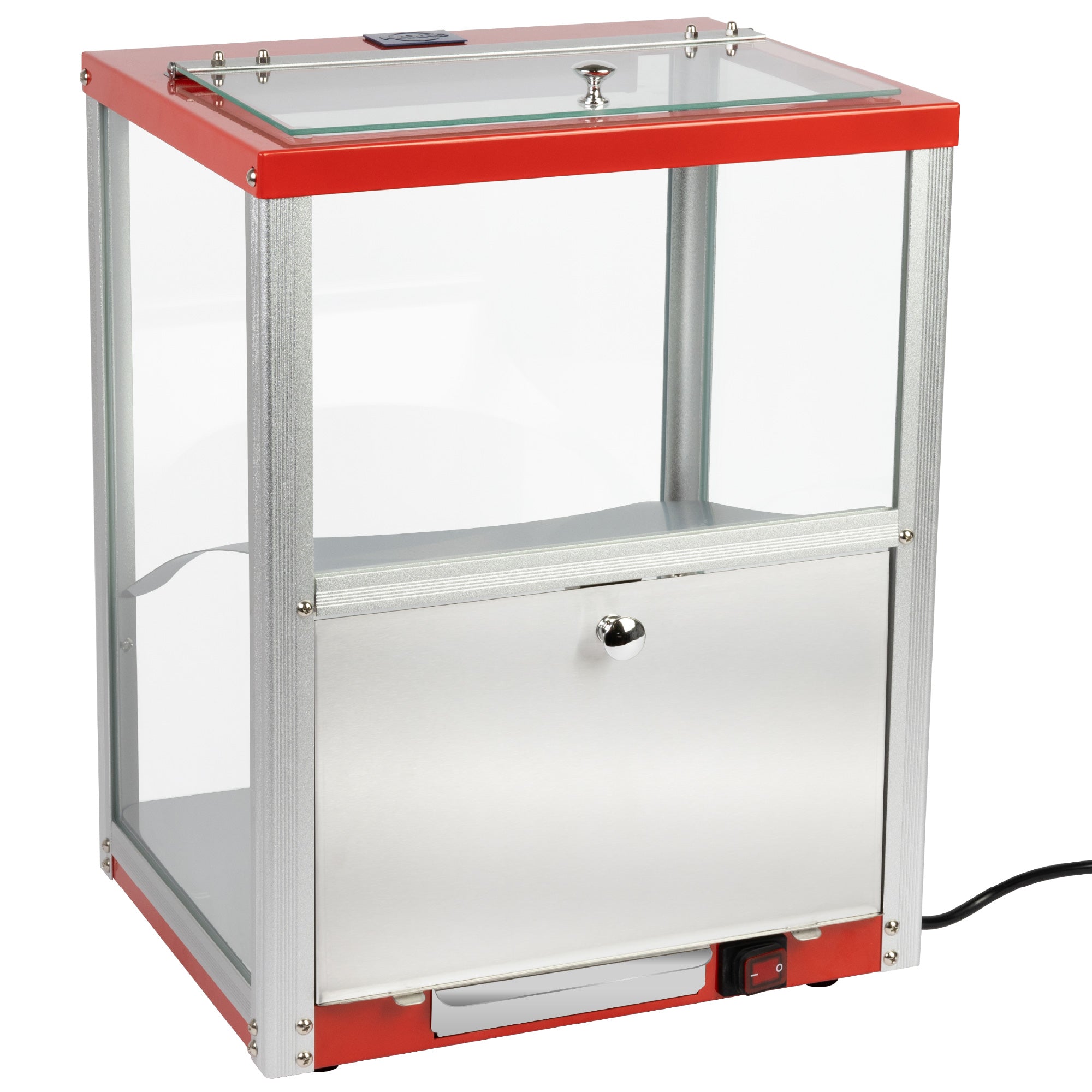Nachos machine with a glass top and red metal frame.