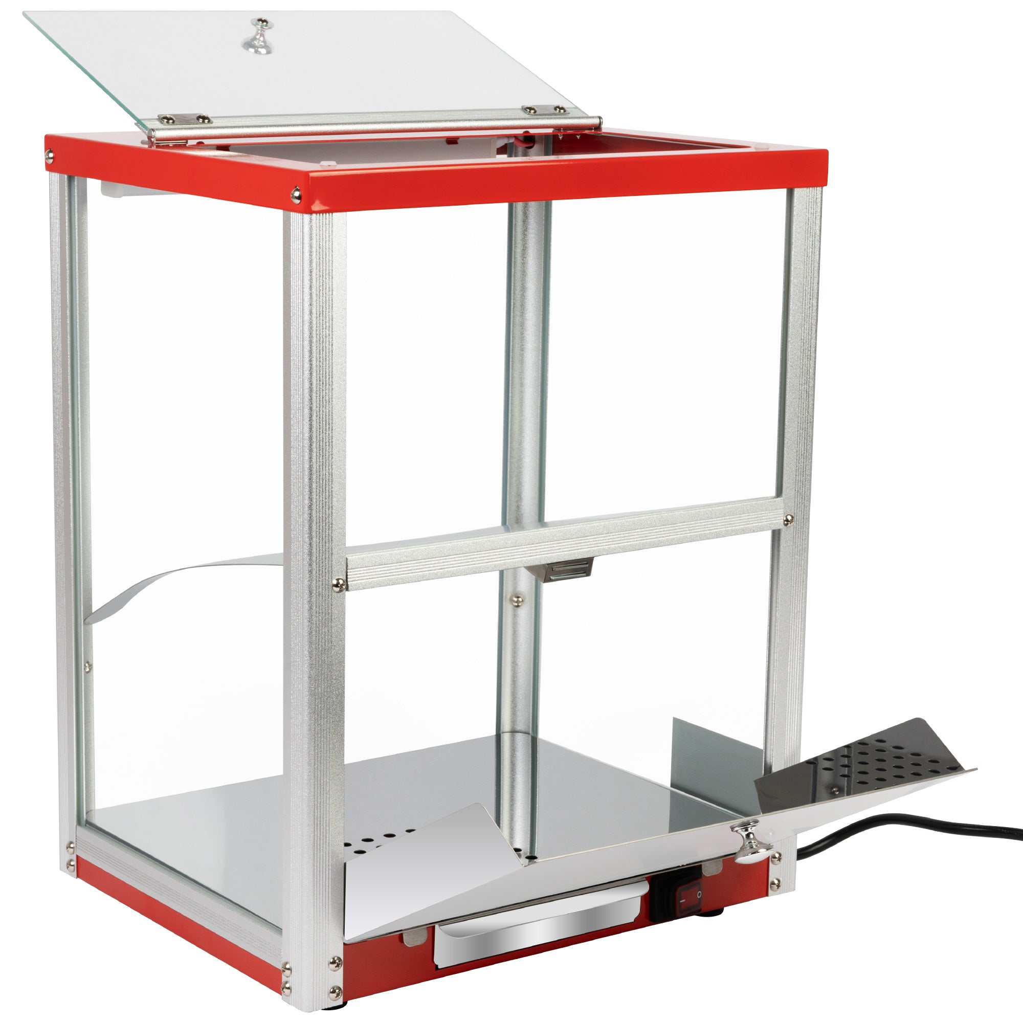 A red and silver nachos machine with a glass top and sides, designed for making popcorn.