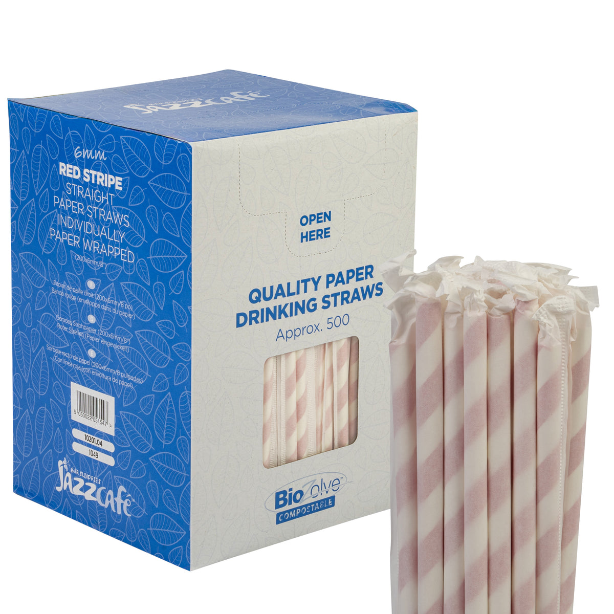 Jazz Cafe Straight Straw Paper (200x6mm/8") Red Stripe (Paper Wrapped) Biodegradable