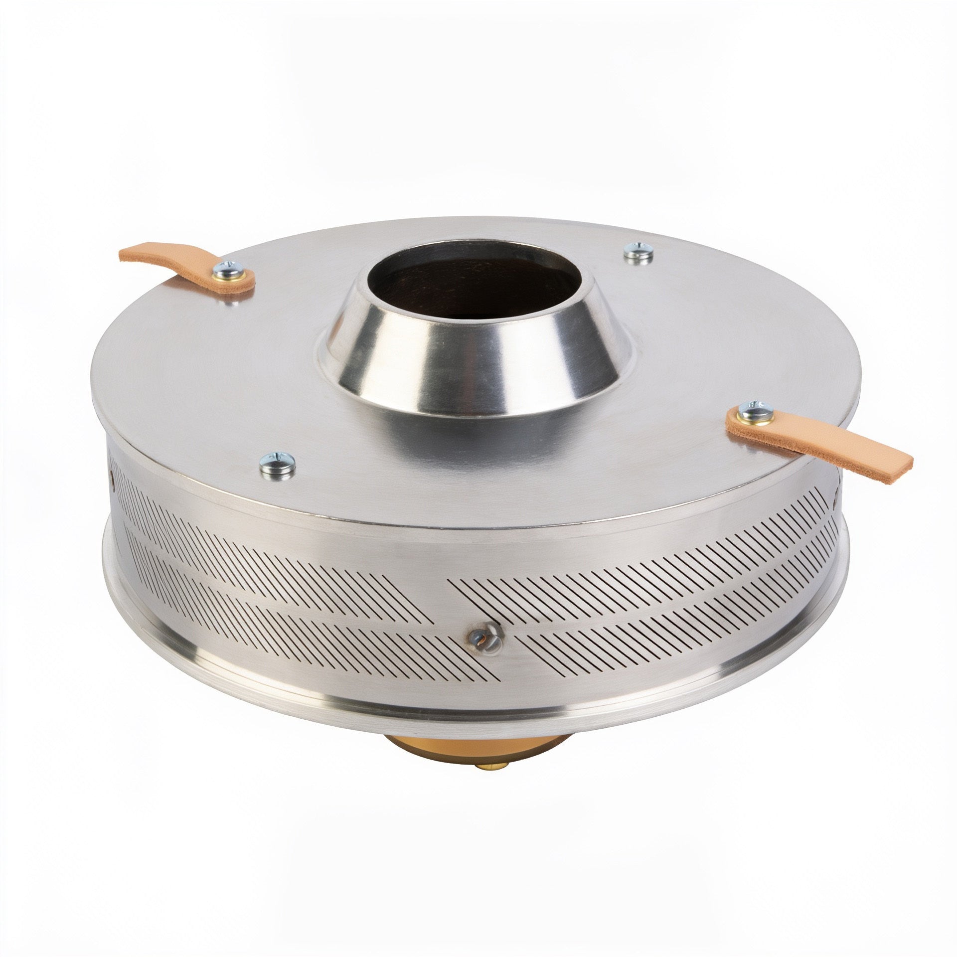 A round, metallic component with a central opening, featuring perforated sides and two wooden handles.