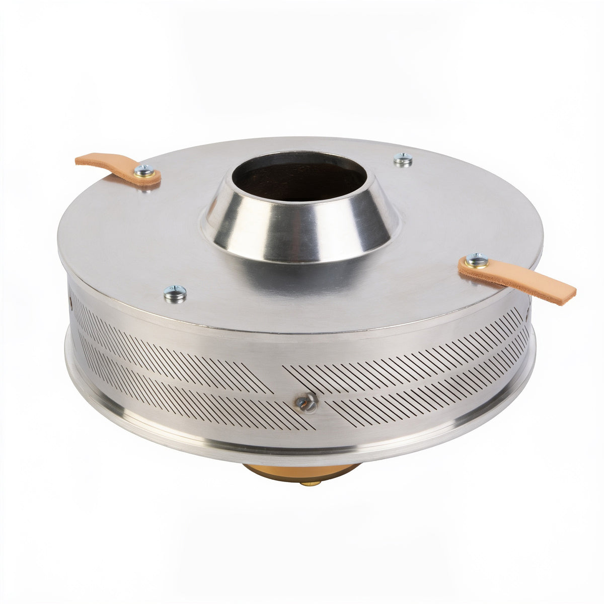 A round, metallic component with a central opening, featuring perforated sides and two wooden handles.