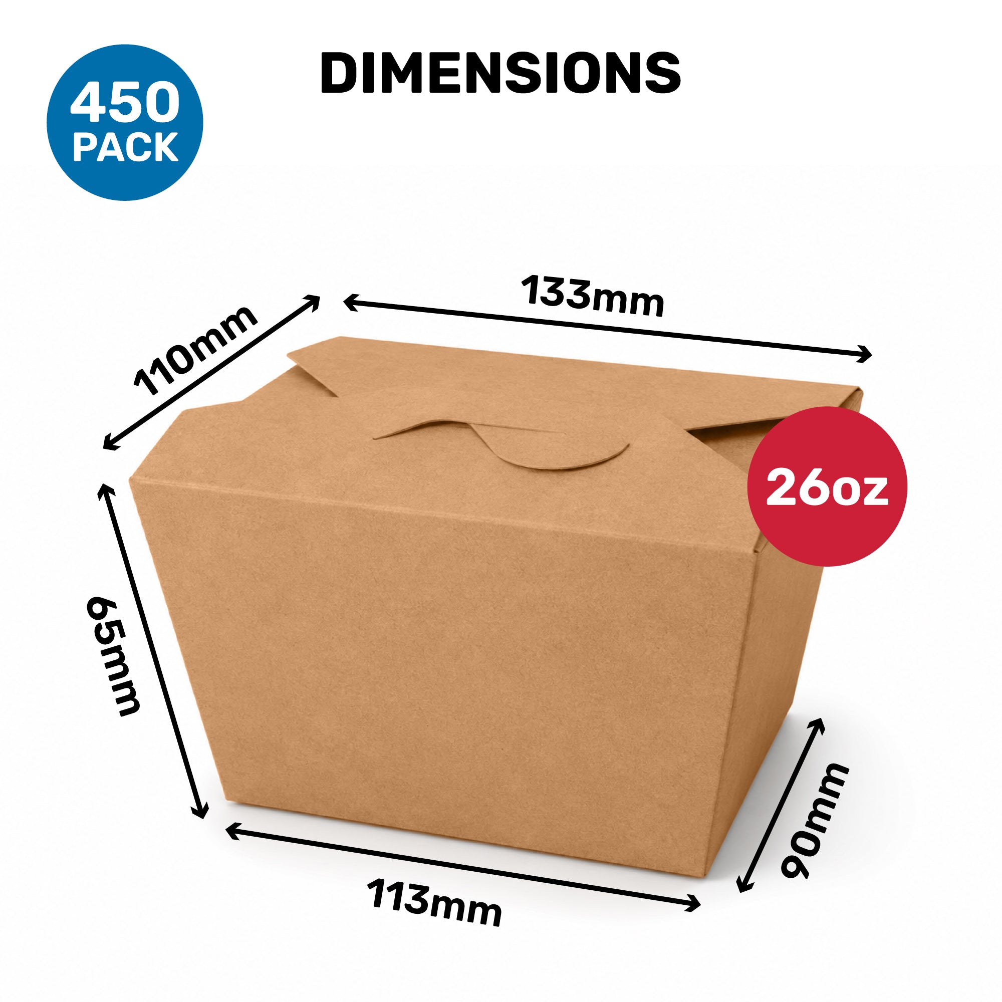 Kraft takeout box with dimensions: 133mm x 110mm x 65mm x 113mm x 90mm. Capacity 26oz, 450 pack. Simple, functional design for food storage.