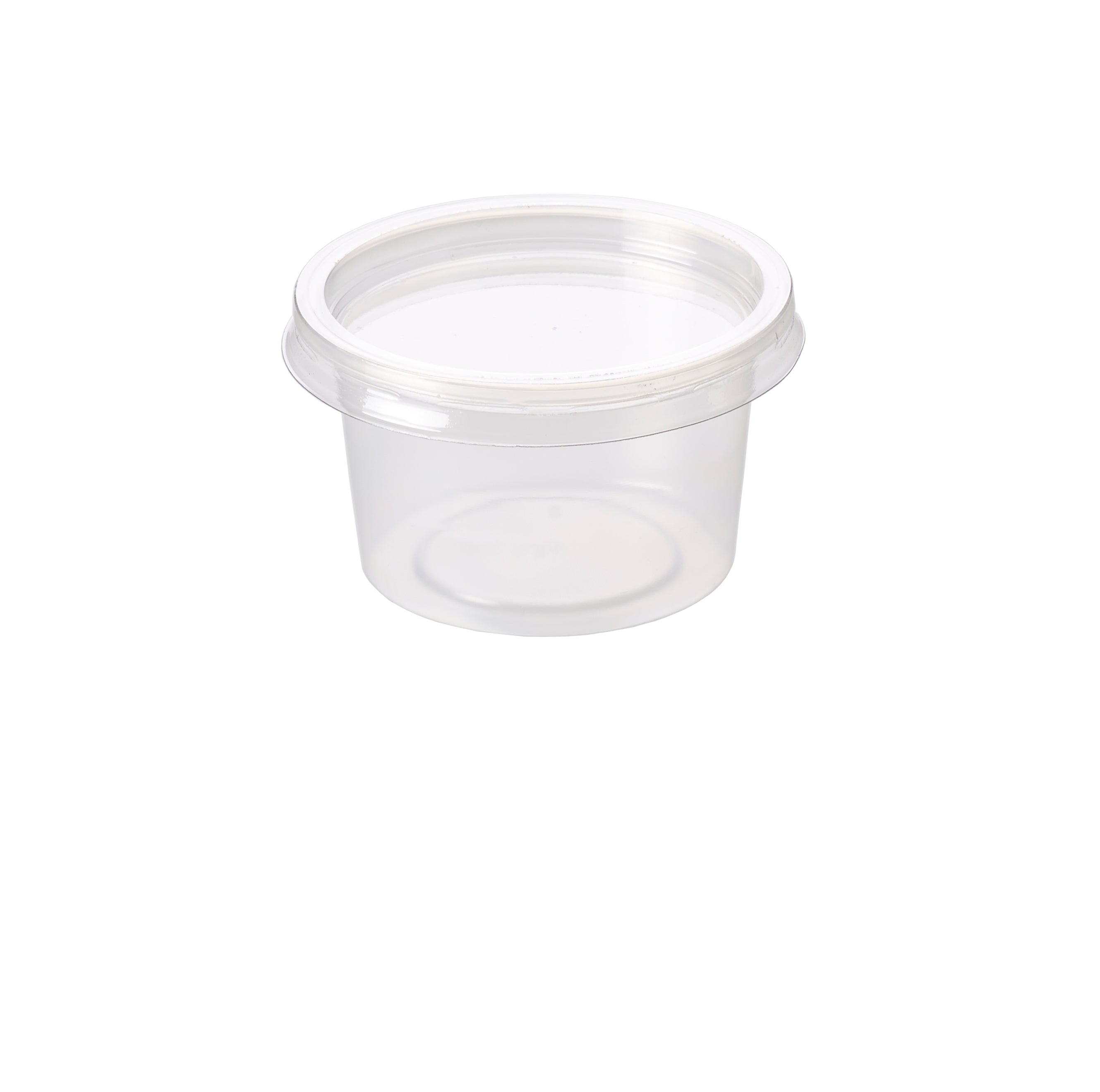 A small, clear plastic container with a white lid.