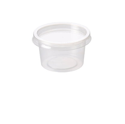 A small, clear plastic container with a white lid.