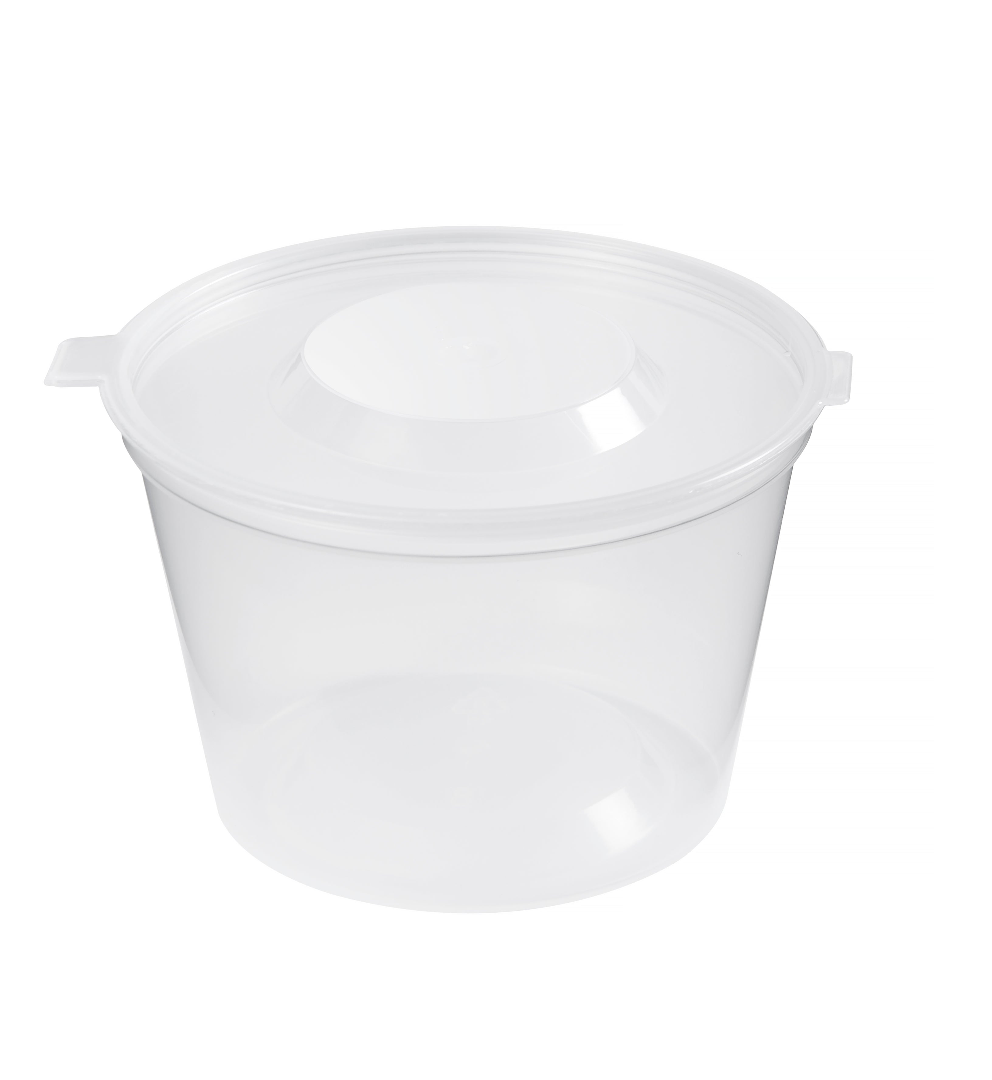 A clear, empty plastic container with a lid.