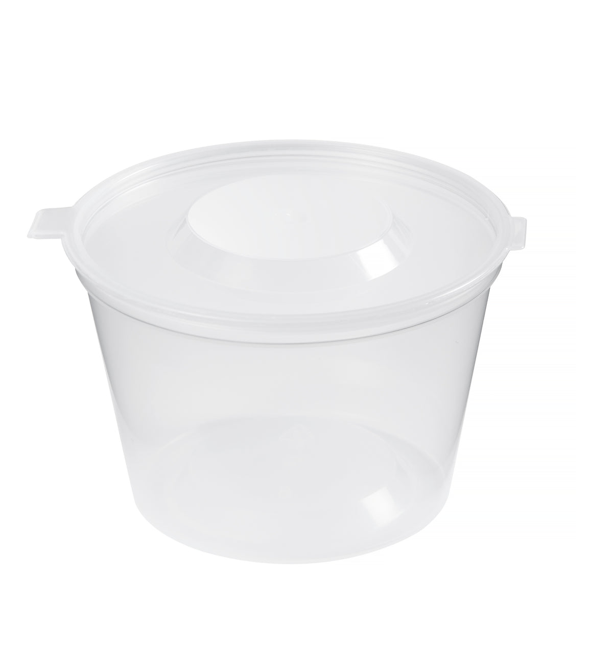 A clear, empty plastic container with a lid.
