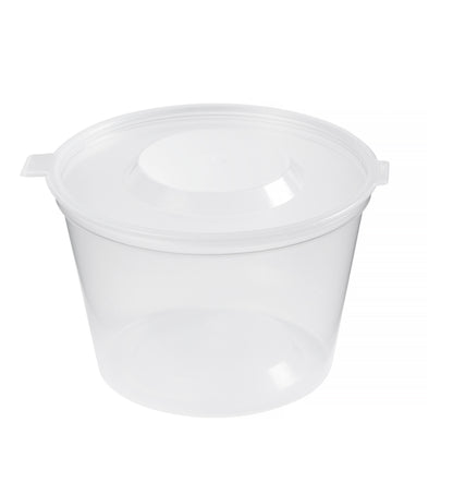 A clear, empty plastic container with a lid.