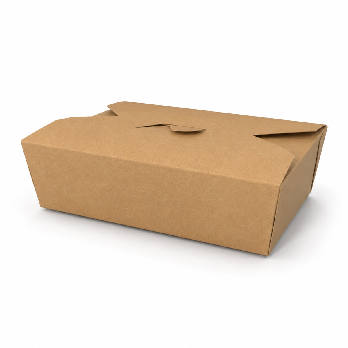 A plain brown cardboard takeout box with a folded top flap.