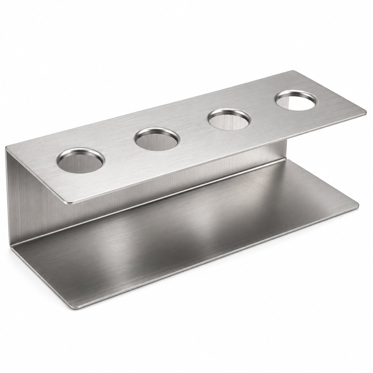 A stainless steel rack with four circular holes on top and a flat base.