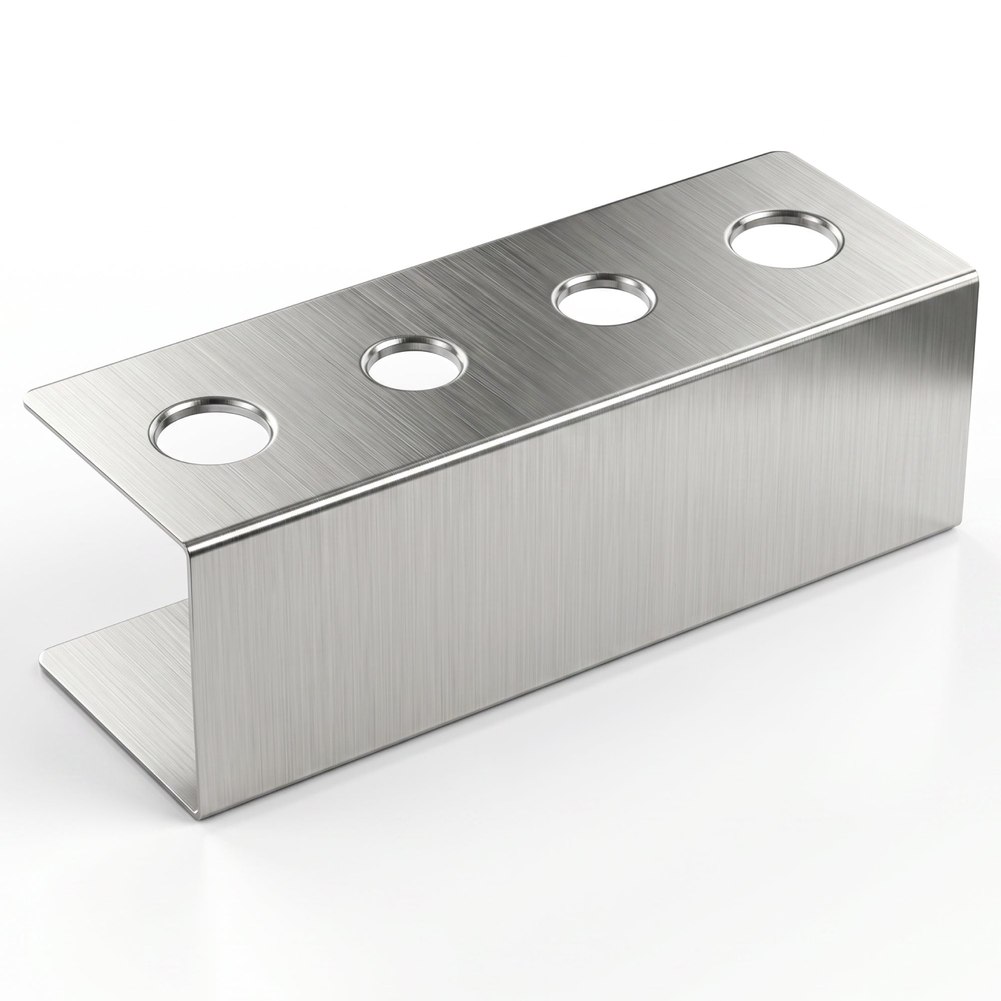 A metallic bracket with four circular holes, featuring a brushed finish.