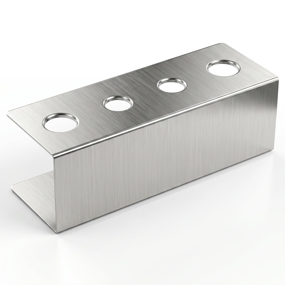 A metallic bracket with four circular holes, featuring a brushed finish.