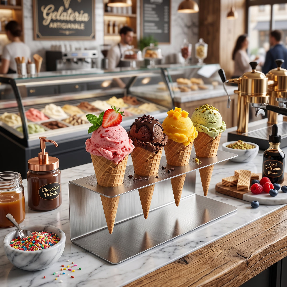 Four scoops of ice cream in waffle cones displayed on a metal rack, featuring flavors like strawberry, chocolate, and pistachio, with toppings and syrups nearby in a gelato shop setting.
