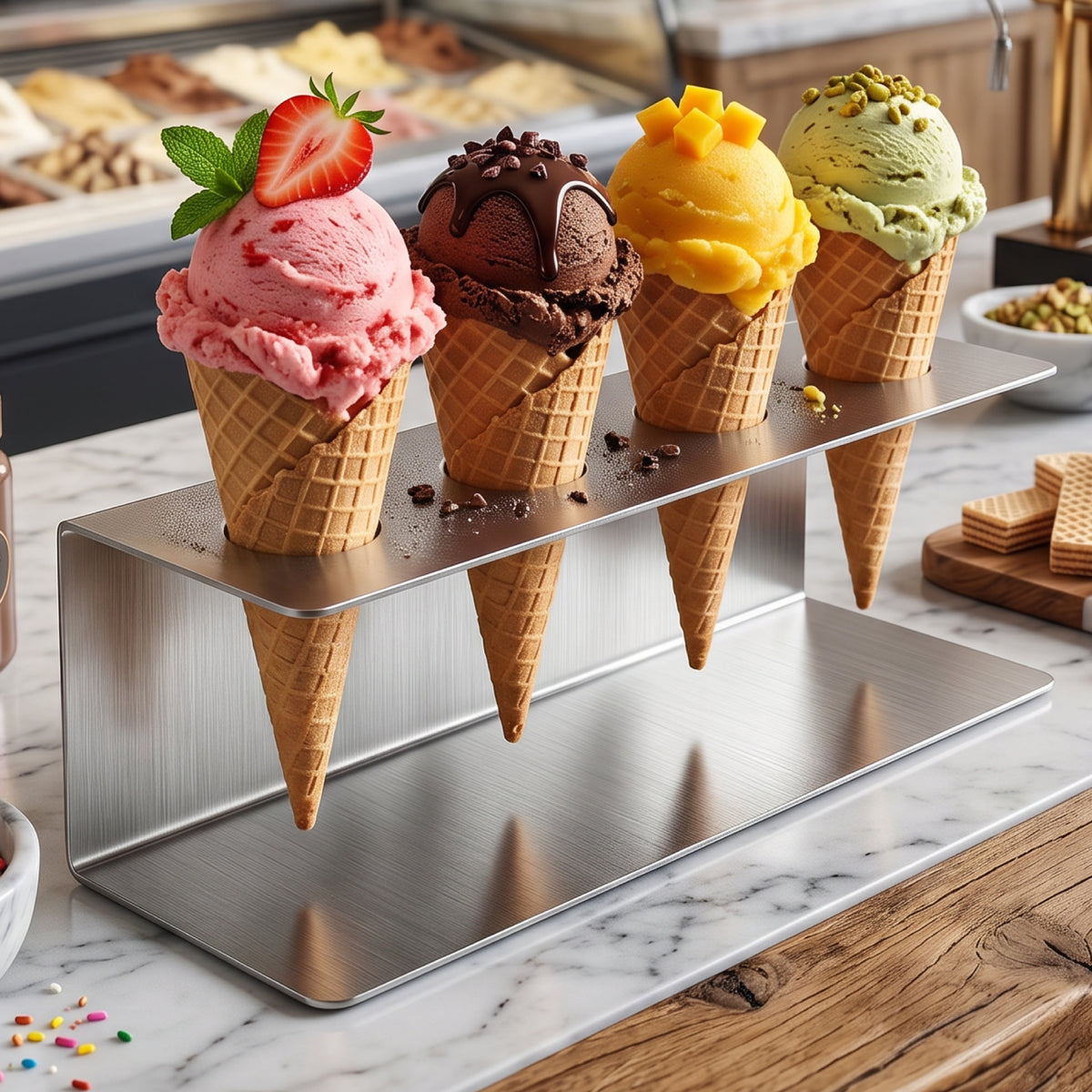 Four ice cream cones in a metal holder, each with a different flavor: strawberry, chocolate, mango, and pistachio, topped with a strawberry and various sprinkles.