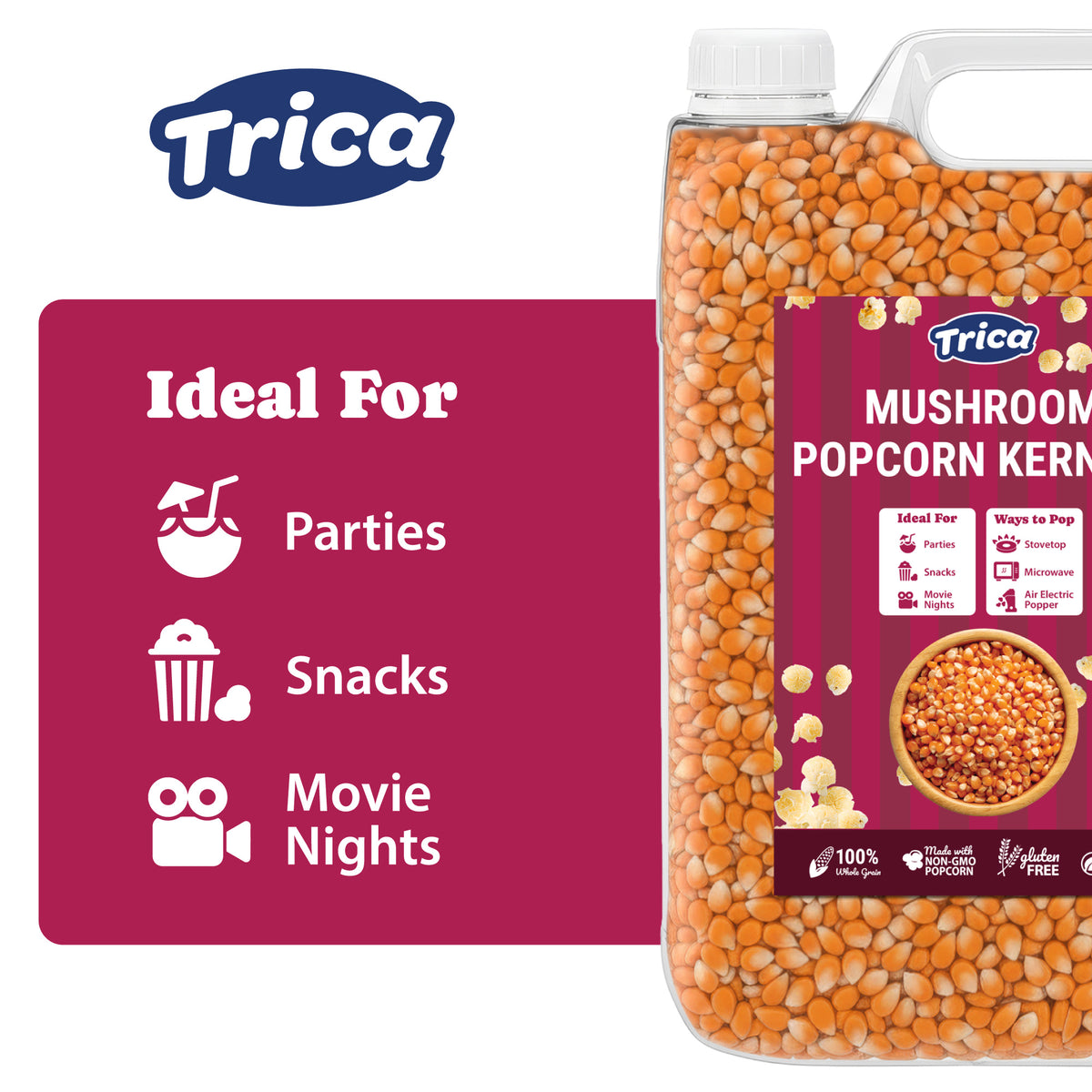 Trica Mushroom Popcorn Kernels in a clear container, labeled "Ideal For Parties, Snacks, Movie Nights."