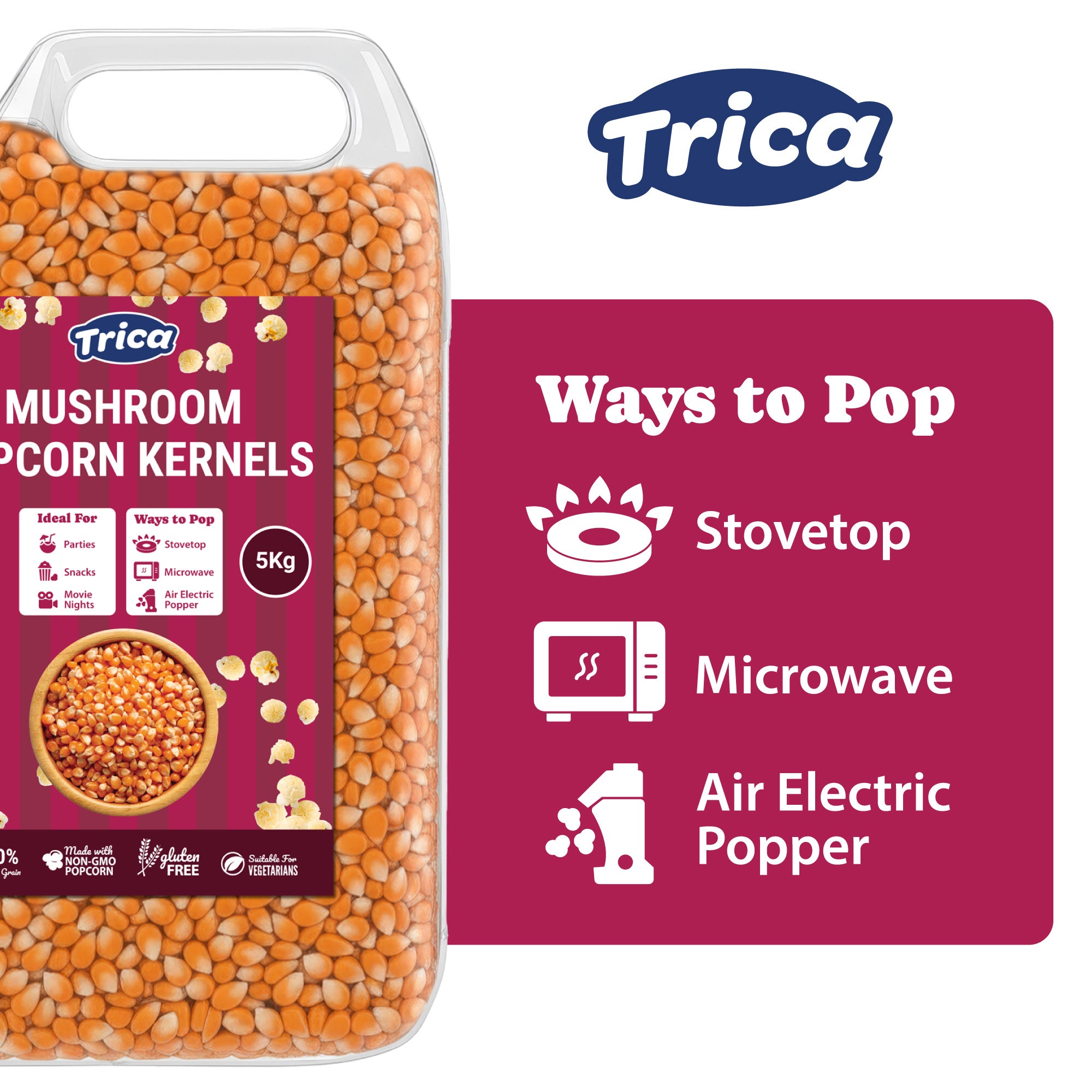 A bag of Trica mushroom corn kernels, 5 kg, with information on ways to pop: stovetop, microwave, and air electric popper.